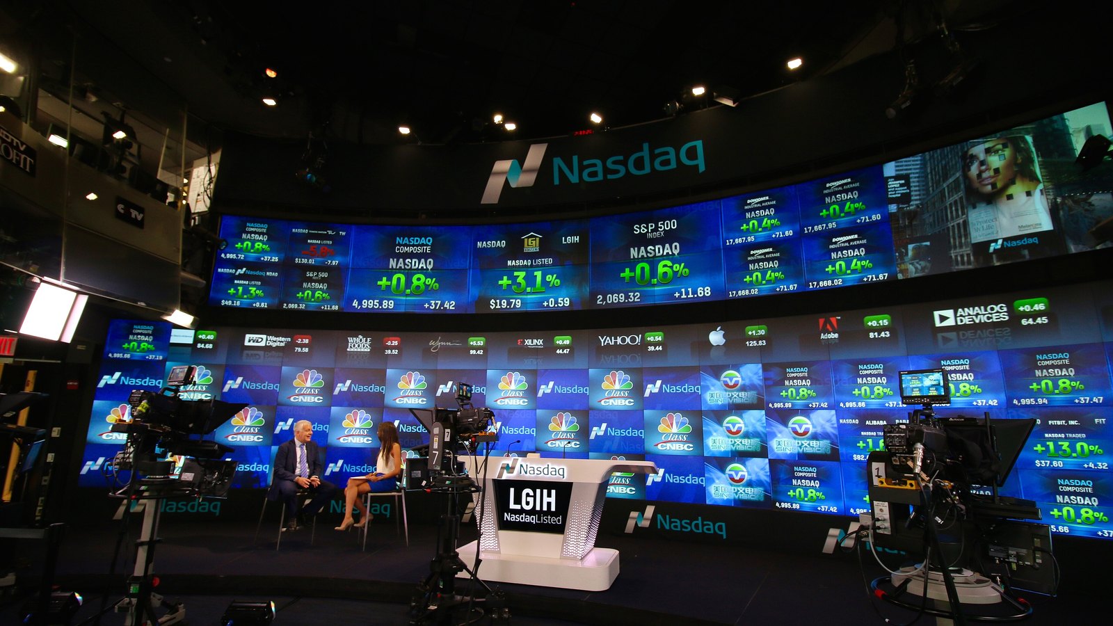 Screens and a broadcast set inside the Nasdaq MarketSite in Times Square, New York