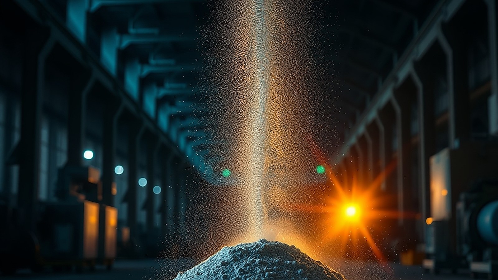 Illustration of fine metal powder falling into a heap in a dark industrial hall