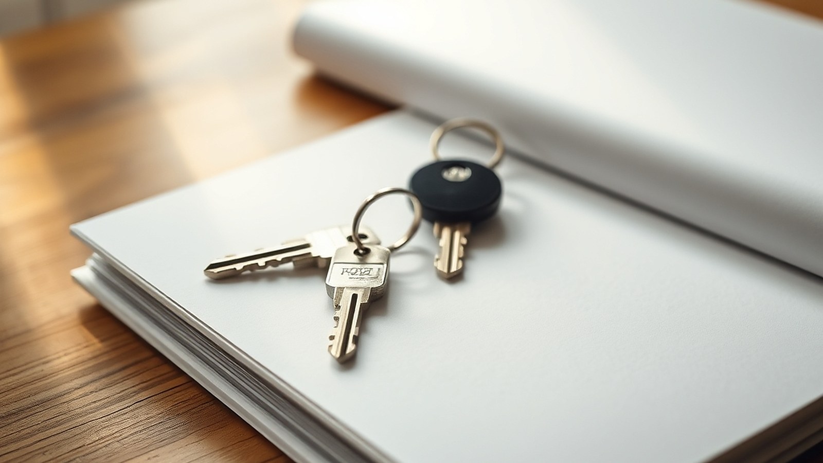 Illustration of house keys on a closed folder on a wooden desk