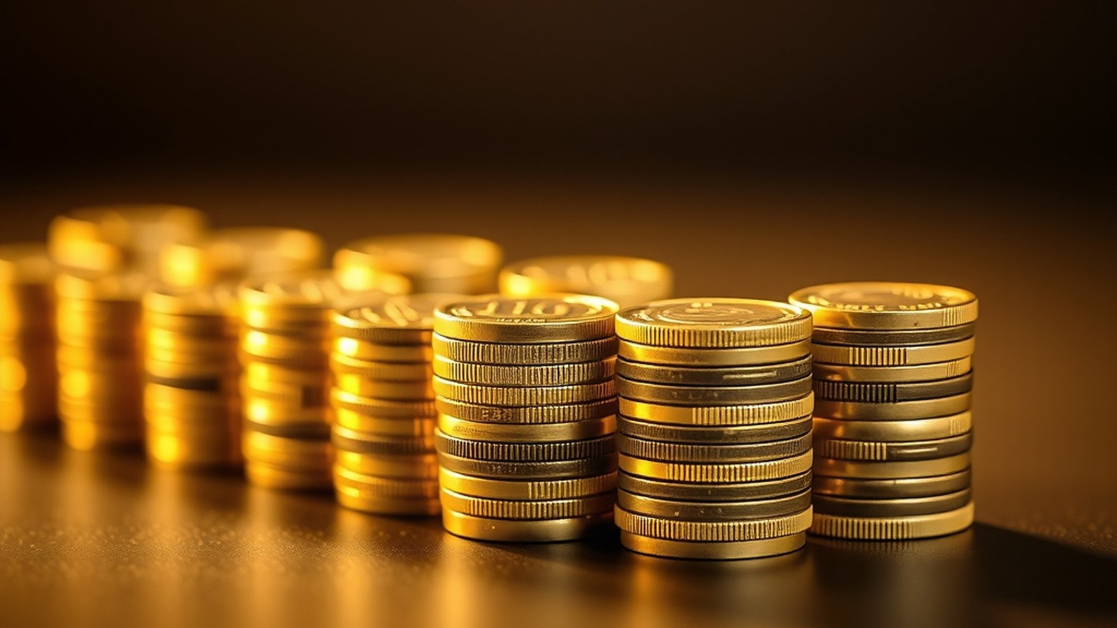 Illustration of rows of stacked gold-colored coins in warm light