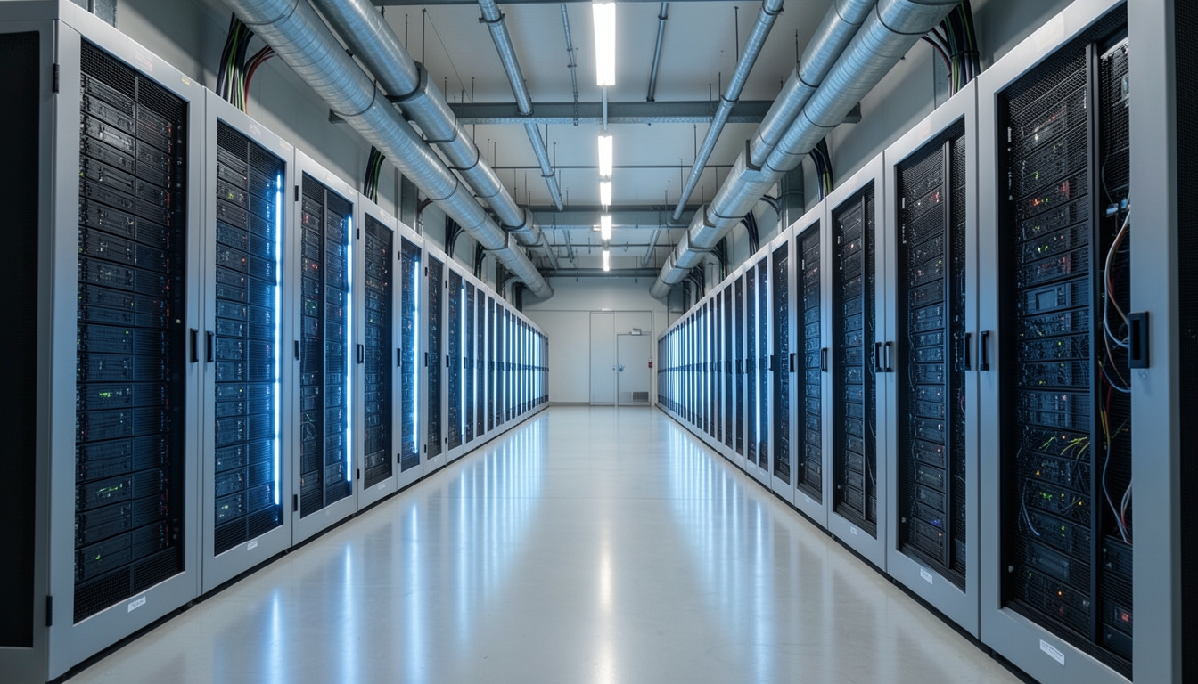 Illustration of an aisle of server racks in a large data center hall