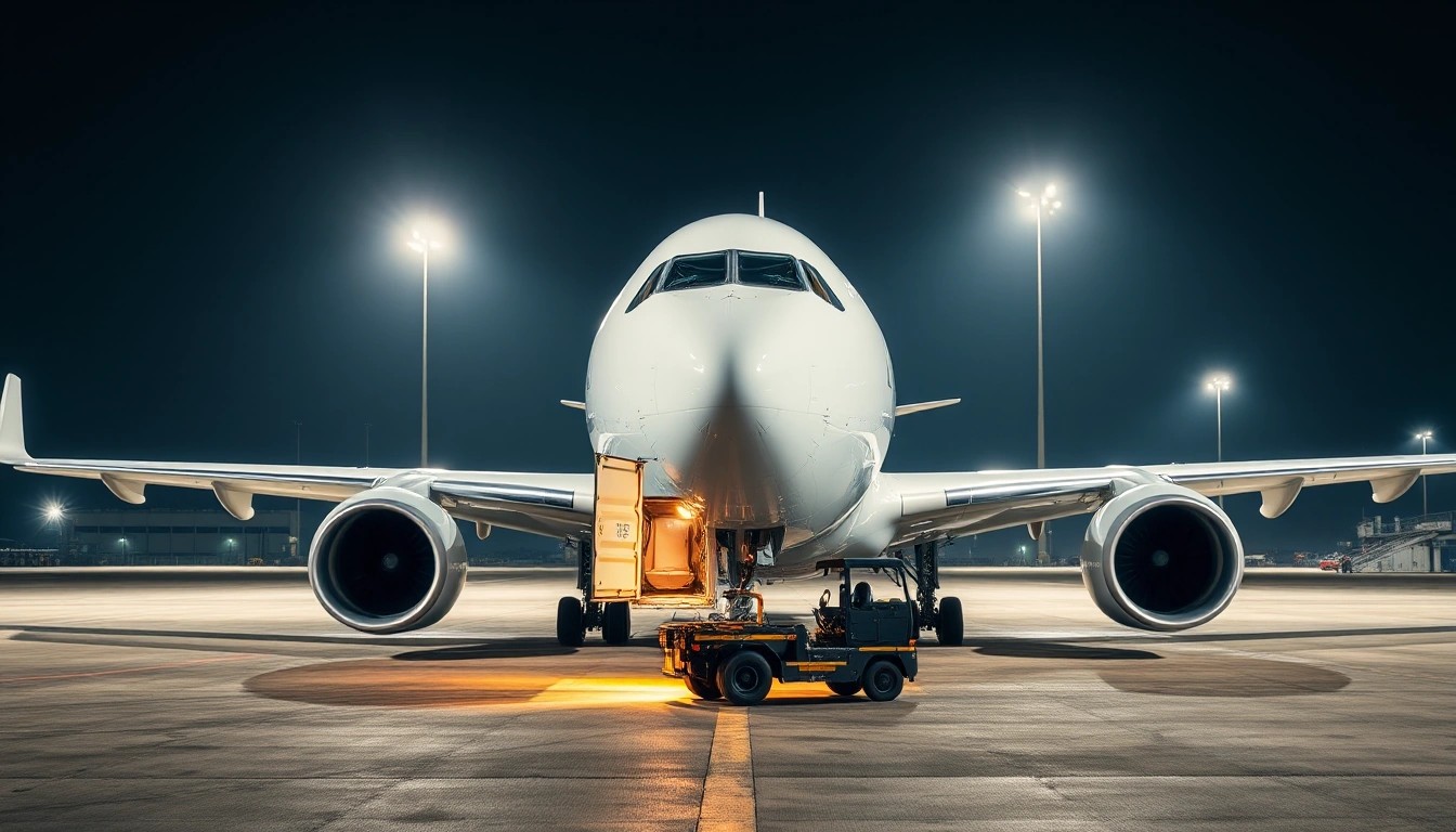 Illustration of a white twin-engine cargo jet being loaded on an airport apron at night