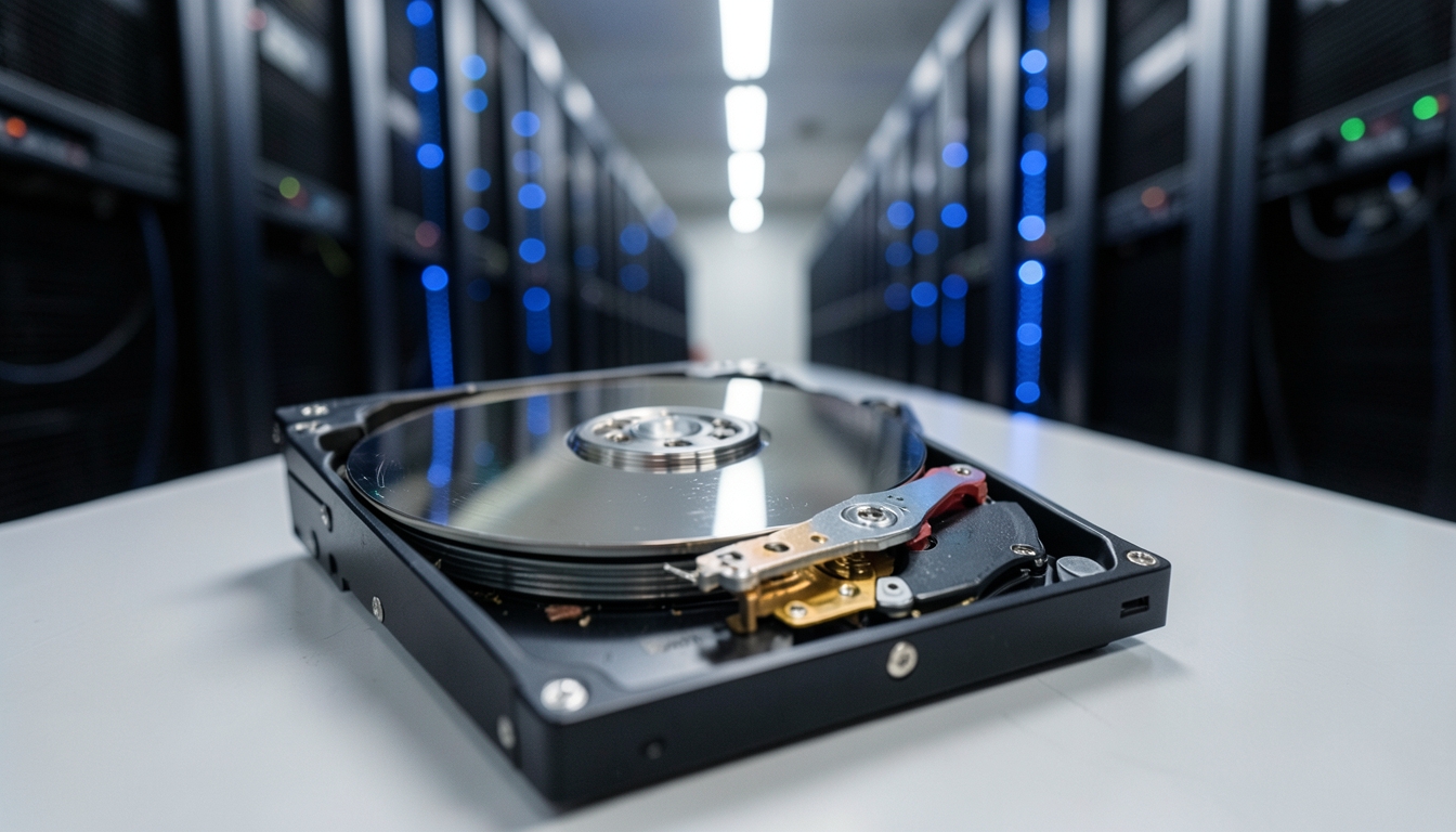 Illustration of an opened hard disk drive in front of rows of data center server racks