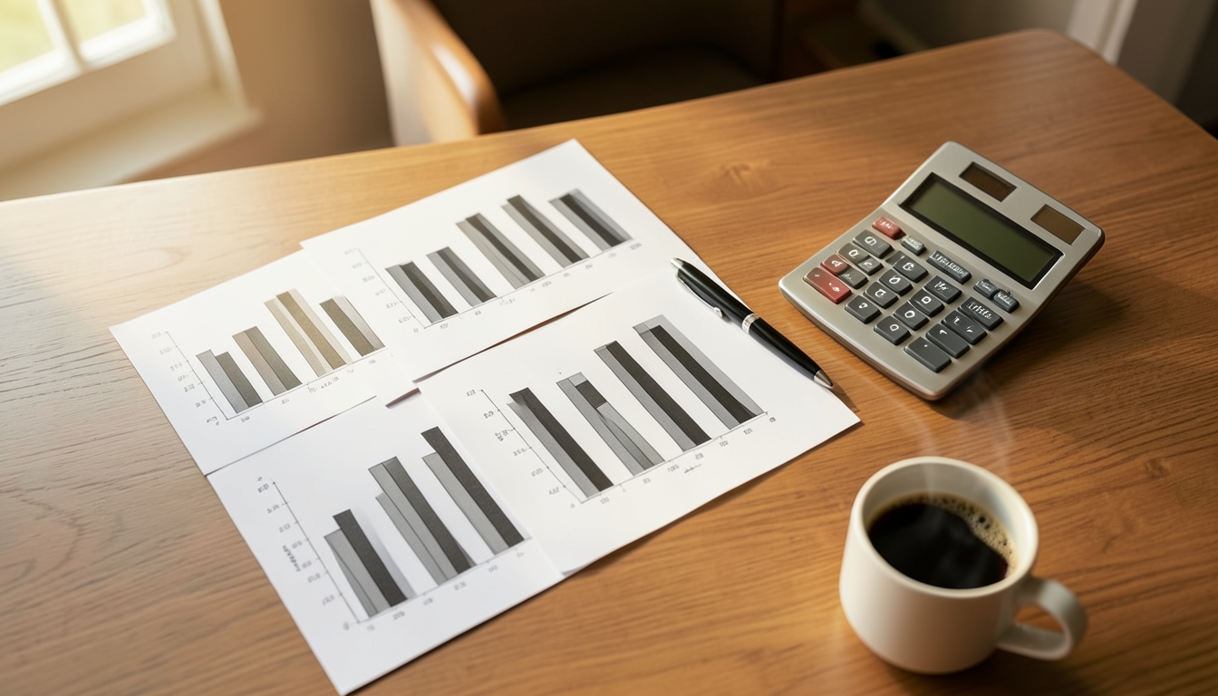 Illustration of a desk with printed charts, a calculator and a cup of coffee