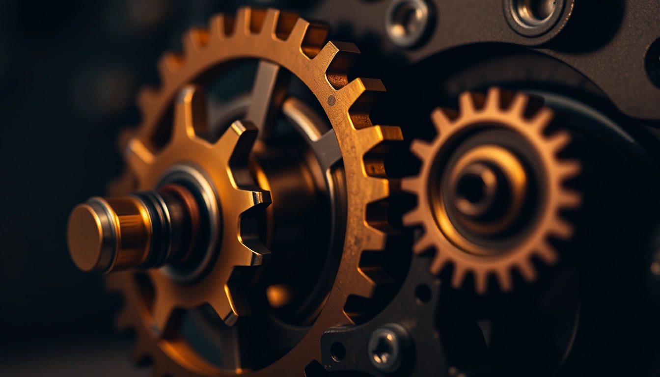 Illustration of brass and steel gears meshing in close-up
