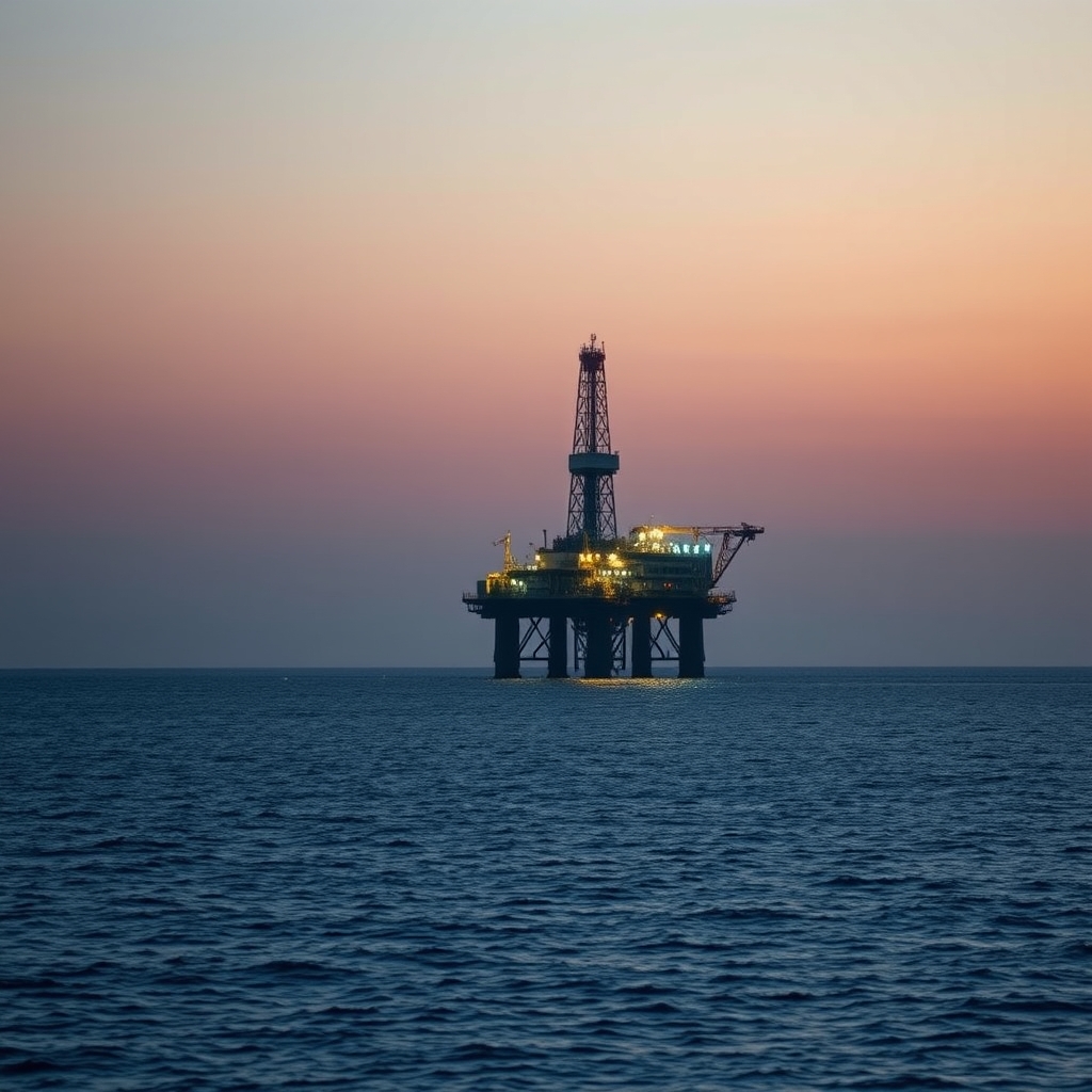 Illustration of an offshore drilling platform at dusk