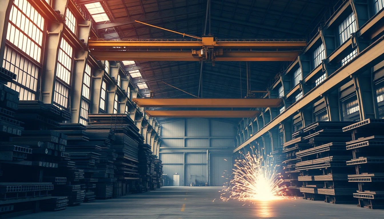 Illustration of a steel fabrication plant with welding sparks, stacked steel and overhead cranes