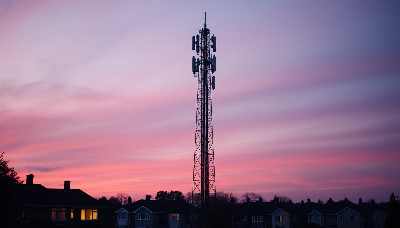 Illustration of a telecom cell tower against a pink dusk sky above suburban houses