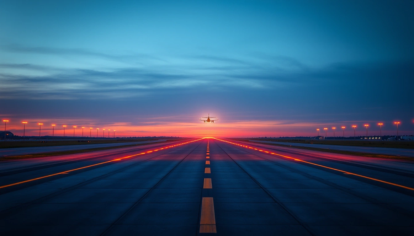 Illustration of an empty airport runway at dusk with amber edge lights and a distant aircraft