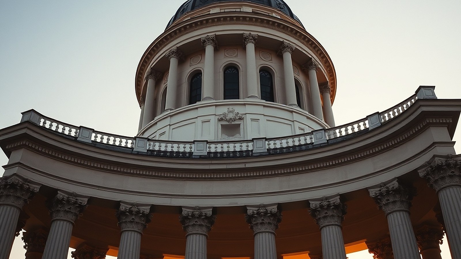Illustration of a neoclassical dome and columns against a dawn sky