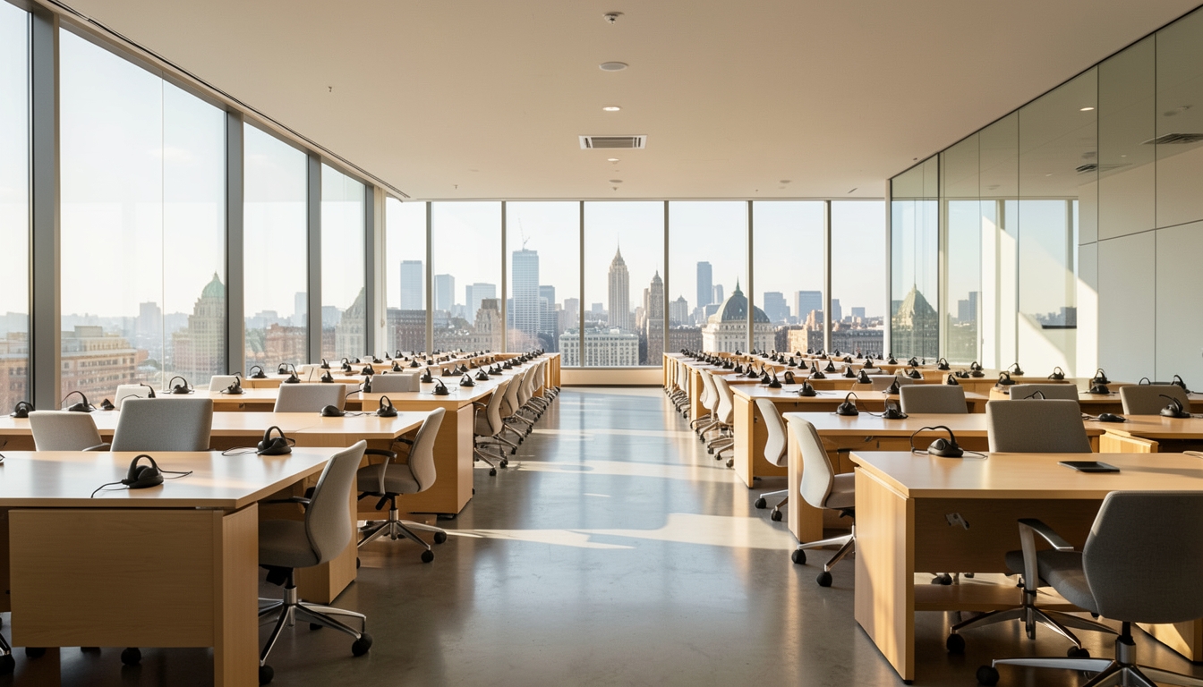 Illustration of an empty customer service floor with rows of desks and headsets in morning light