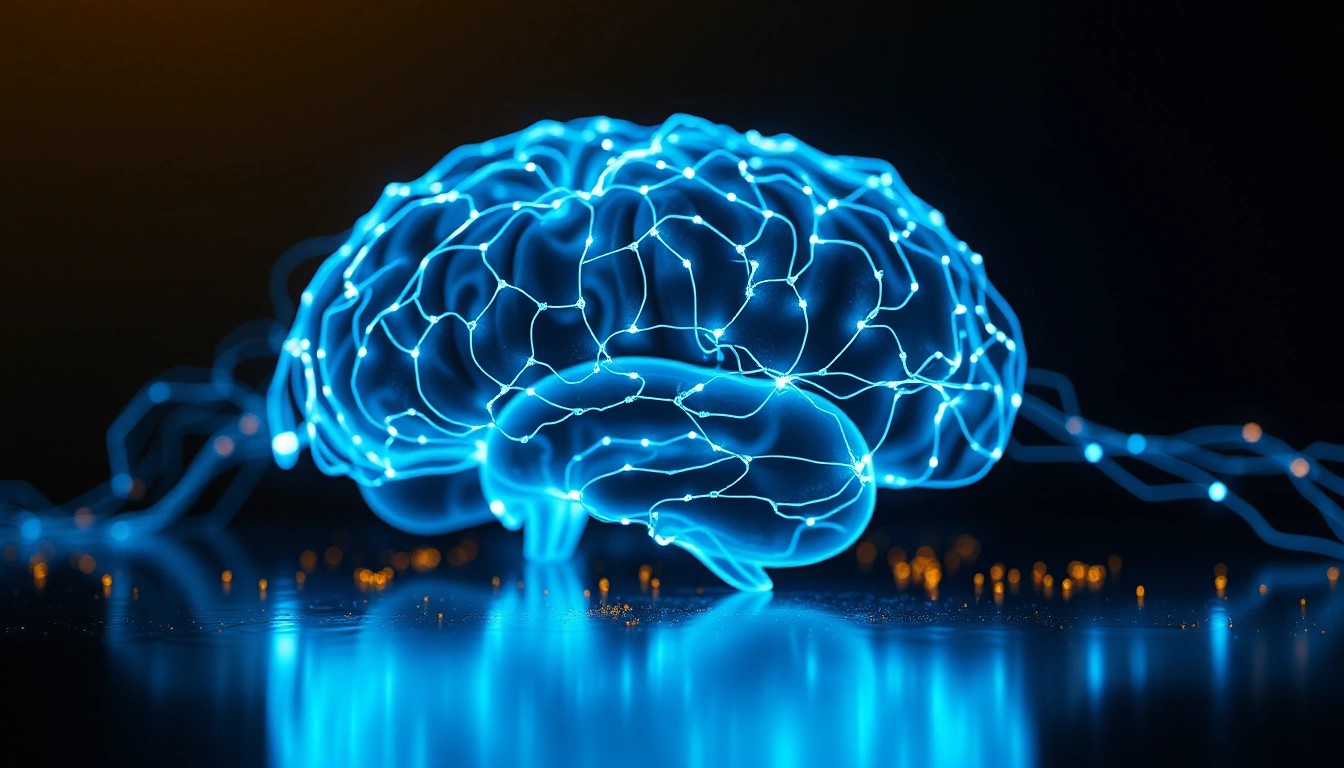 Illustration of a brain-shaped network of glowing blue light above a dark reflective surface