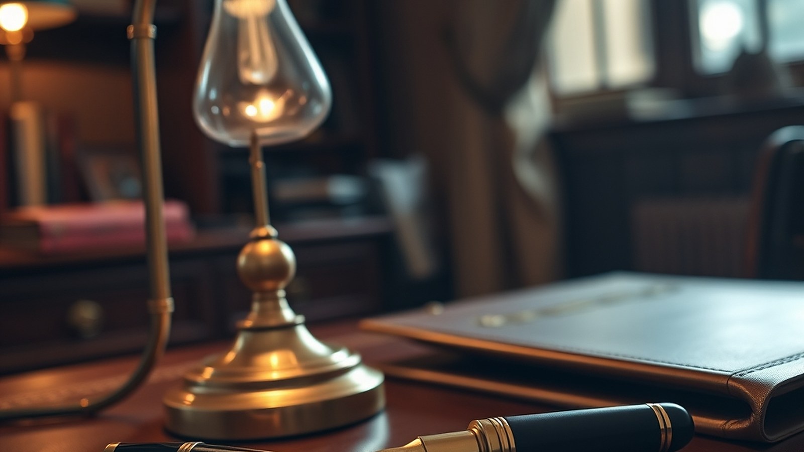 Illustration of a brass lamp and a fountain pen on a leather desk