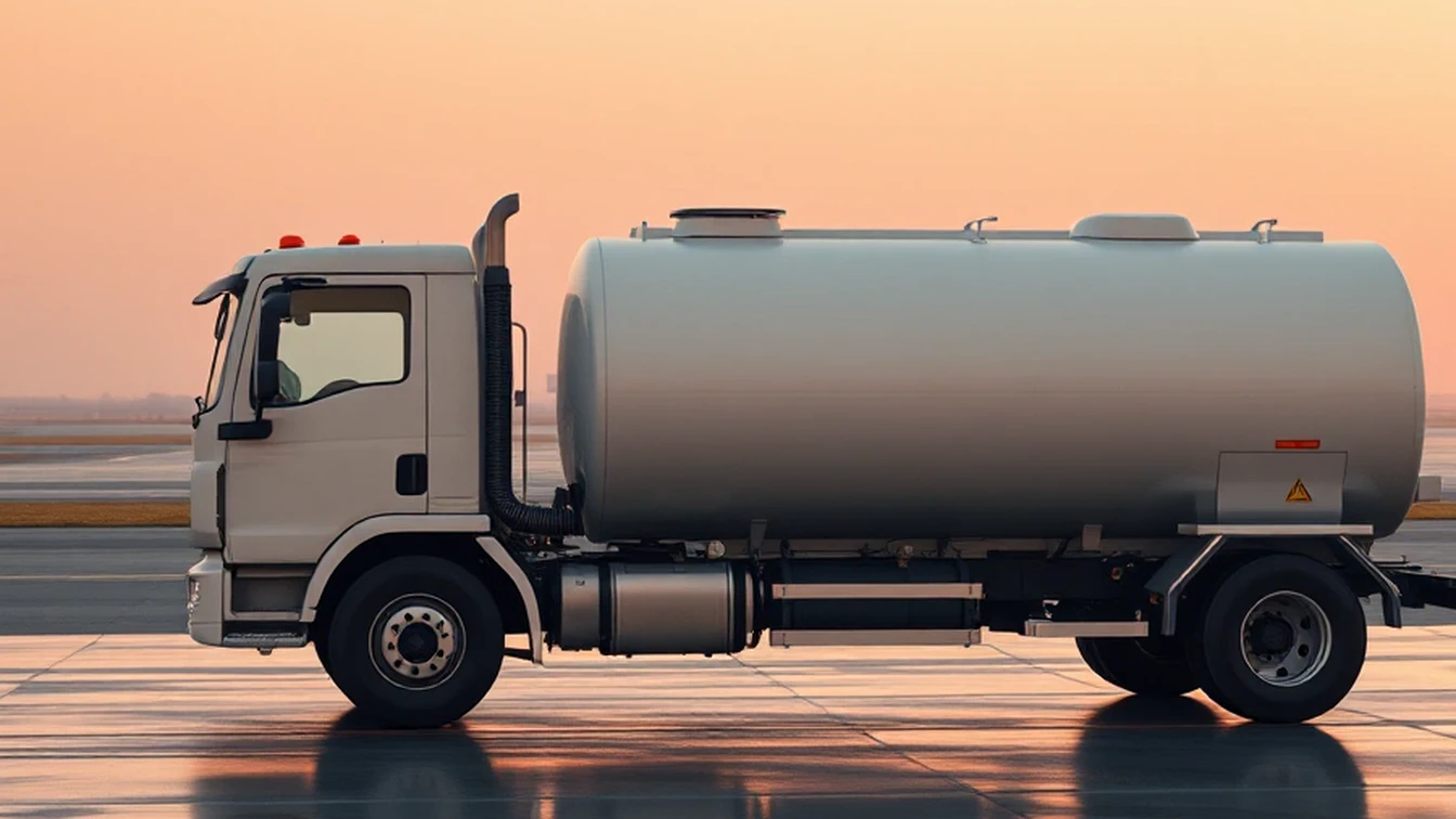Illustration of a plain fuel tanker truck parked on an airport apron at sunrise