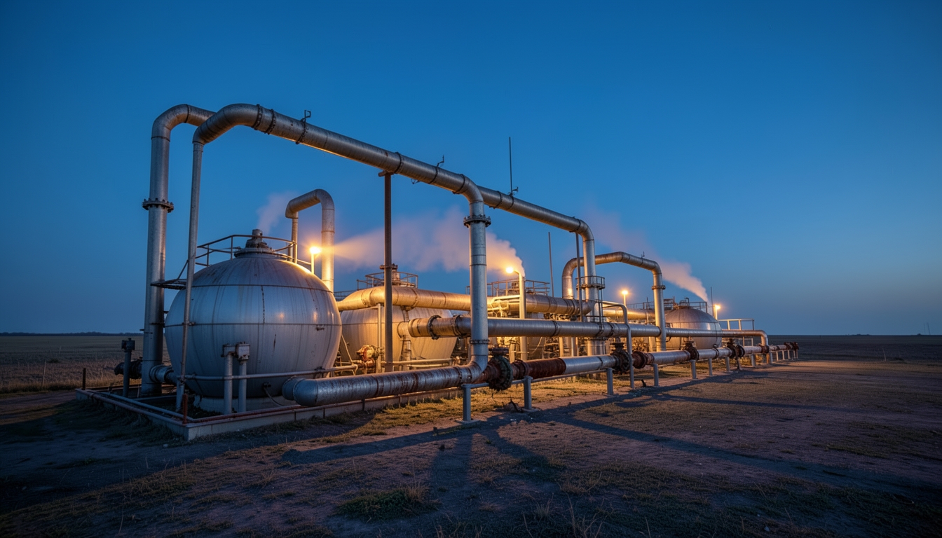 Illustration of a natural gas compressor station with steel pipes and storage spheres at blue hour