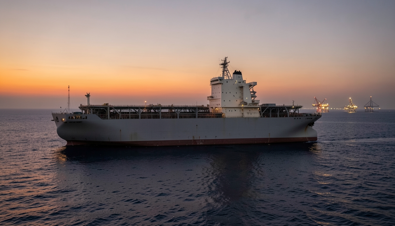 Illustration of an oil tanker at sea at dusk with an offshore platform in the distance
