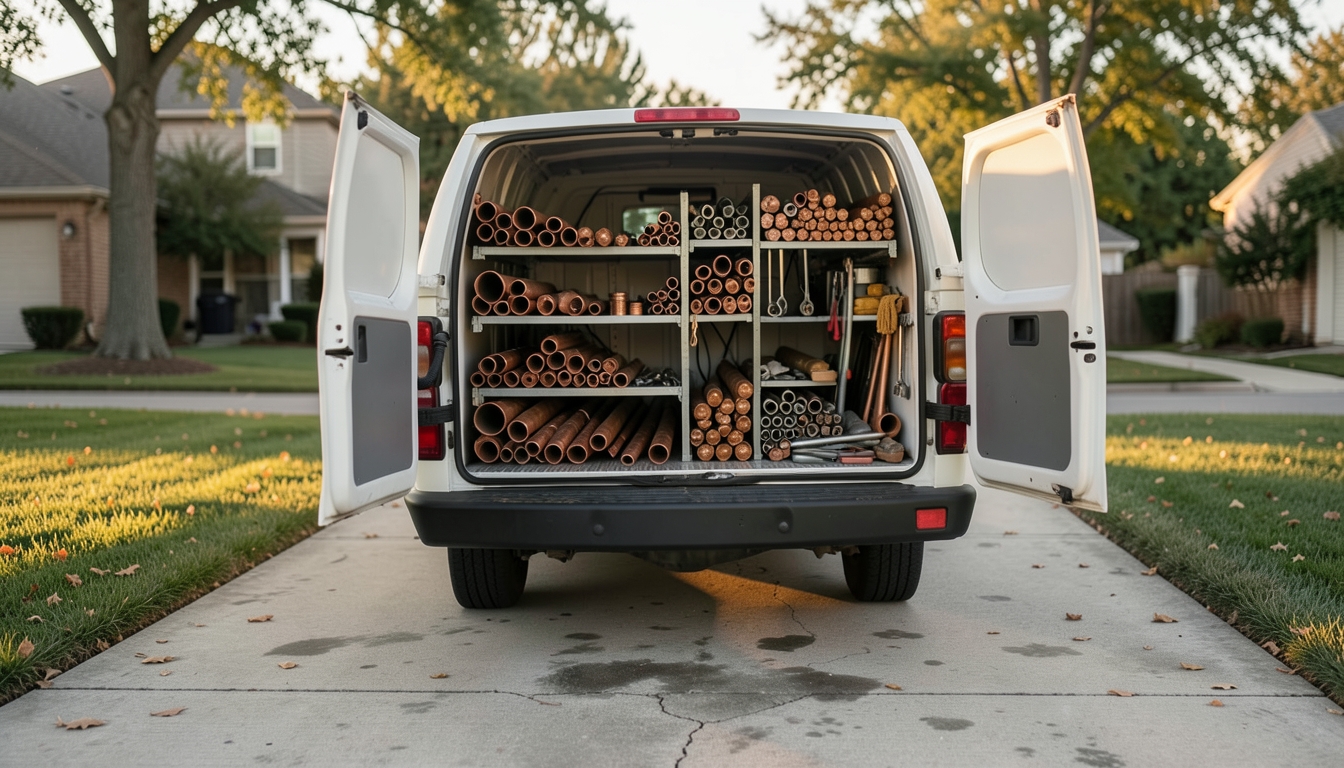Illustration of the open rear of a service van with shelves of pipes and tools in a suburban driveway at golden hour