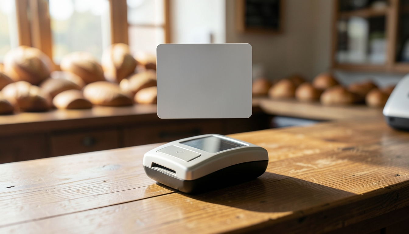 Illustration of a blank payment card above a card reader on a bakery counter