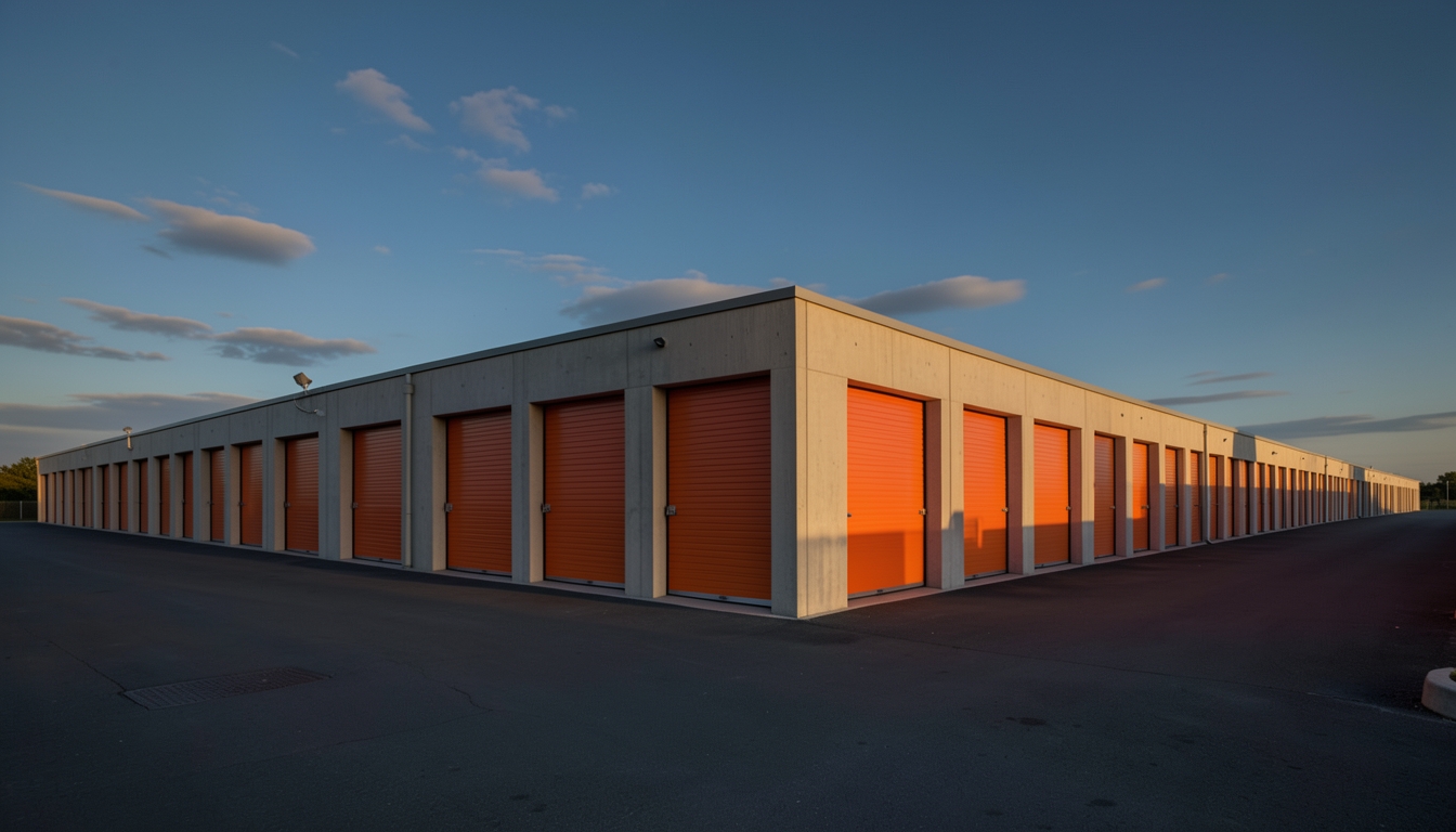 Illustration of a row of orange roll-up doors at a self-storage facility at dusk