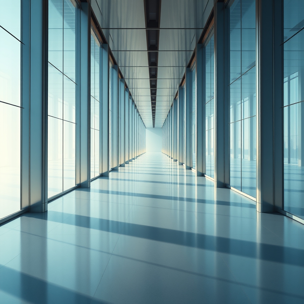 Illustration of a symmetrical corridor of glass and steel columns