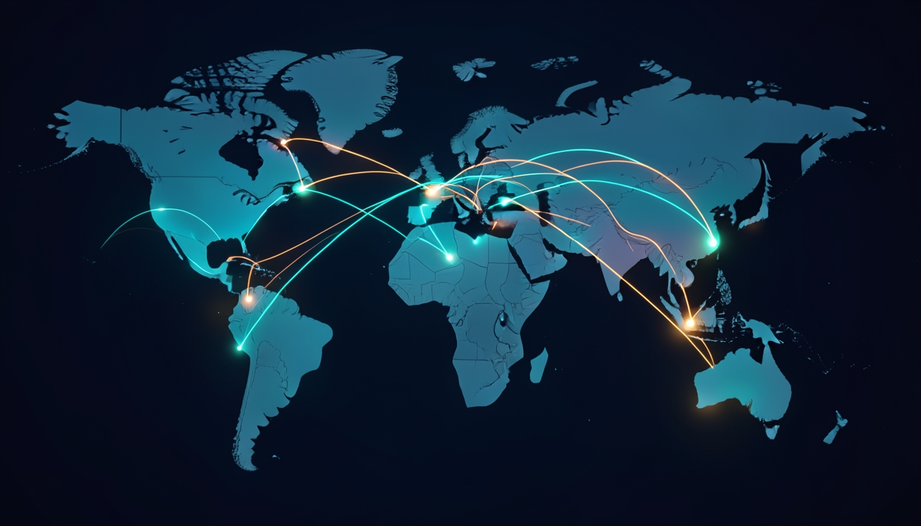 Illustration of a dark digital world map with glowing arcs linking financial centres