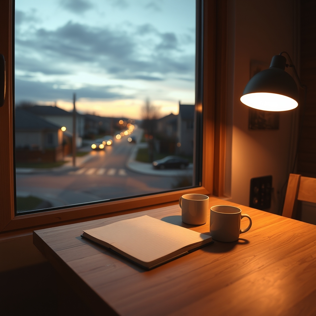 Illustration of a kitchen table by a window at dusk
