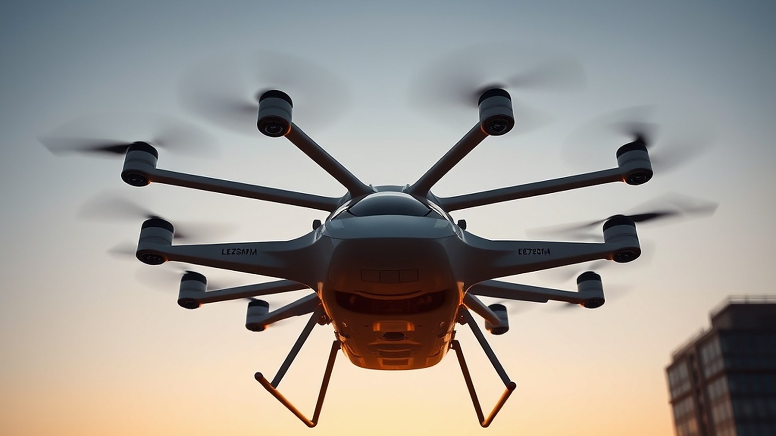 Illustration of an electric vertical-takeoff aircraft hovering above a rooftop helipad at sunset