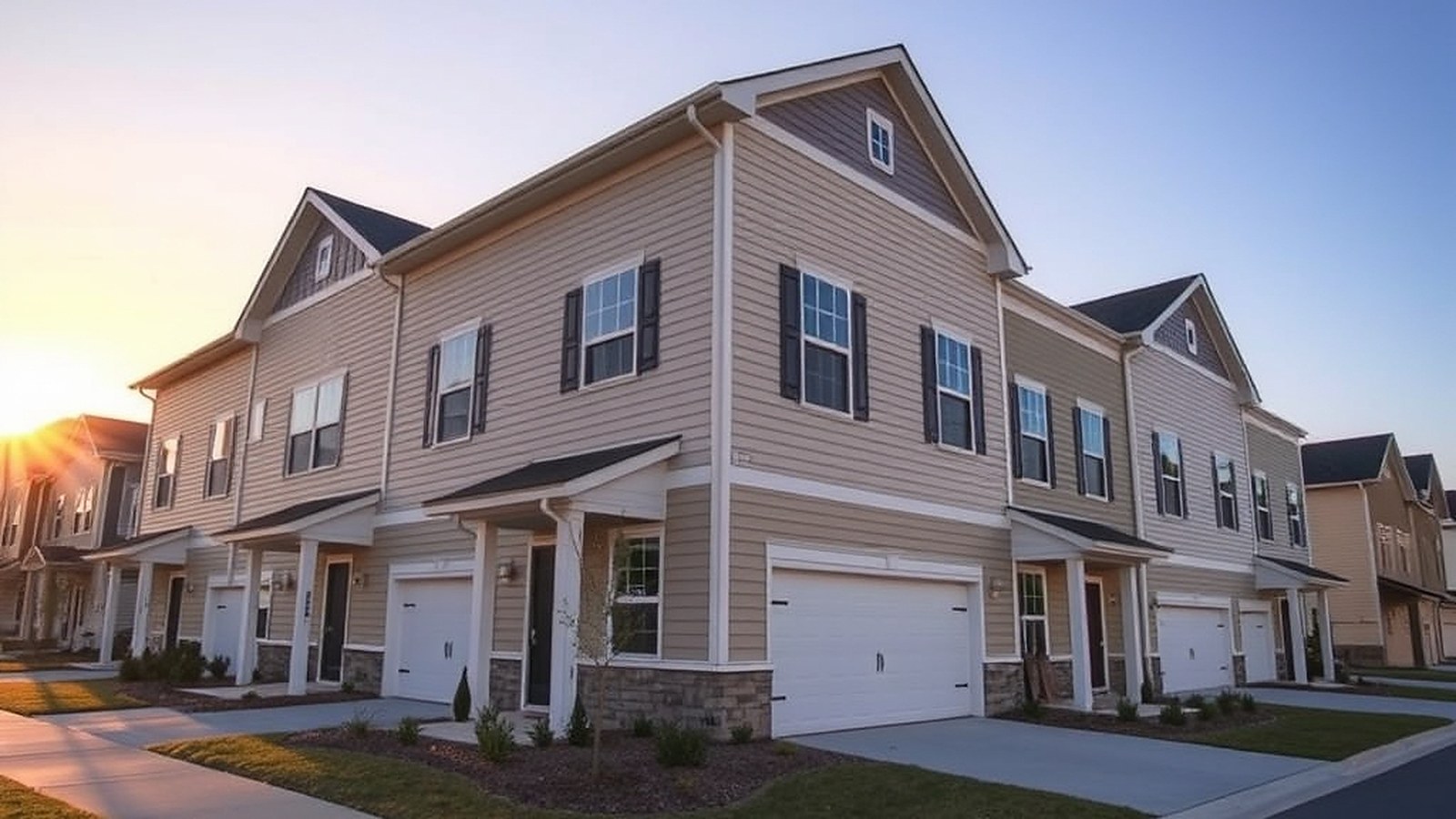 Illustration of a row of newly built townhomes at sunrise