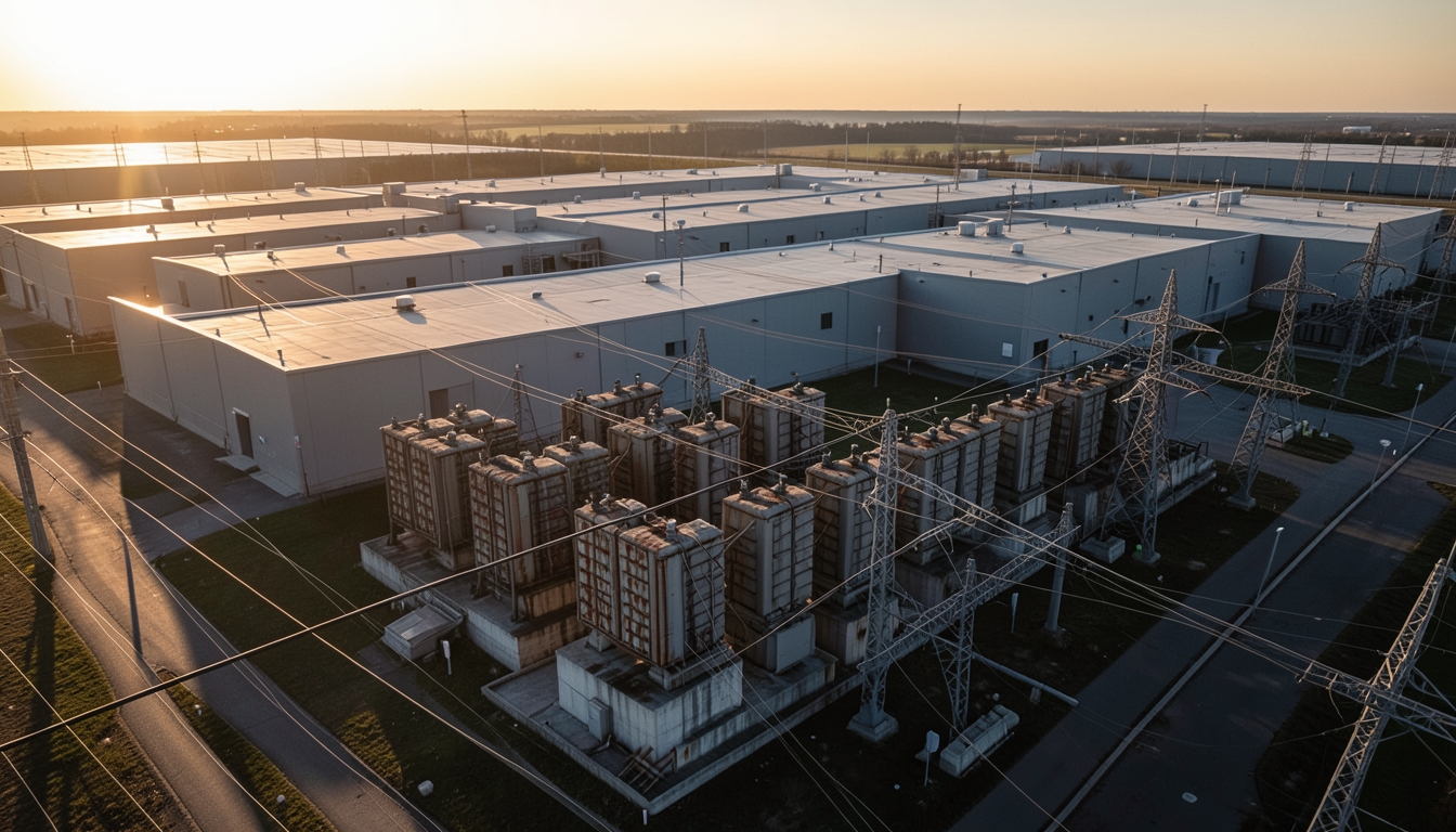 Illustration of a high-voltage substation beside a large data center campus at sunrise