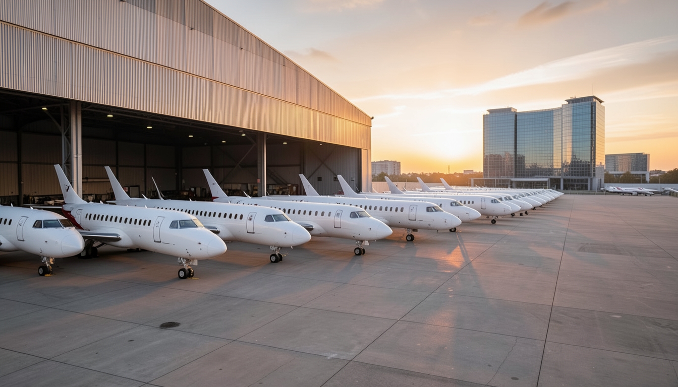 Illustration of unmarked passenger jets outside an aircraft assembly hangar at golden hour