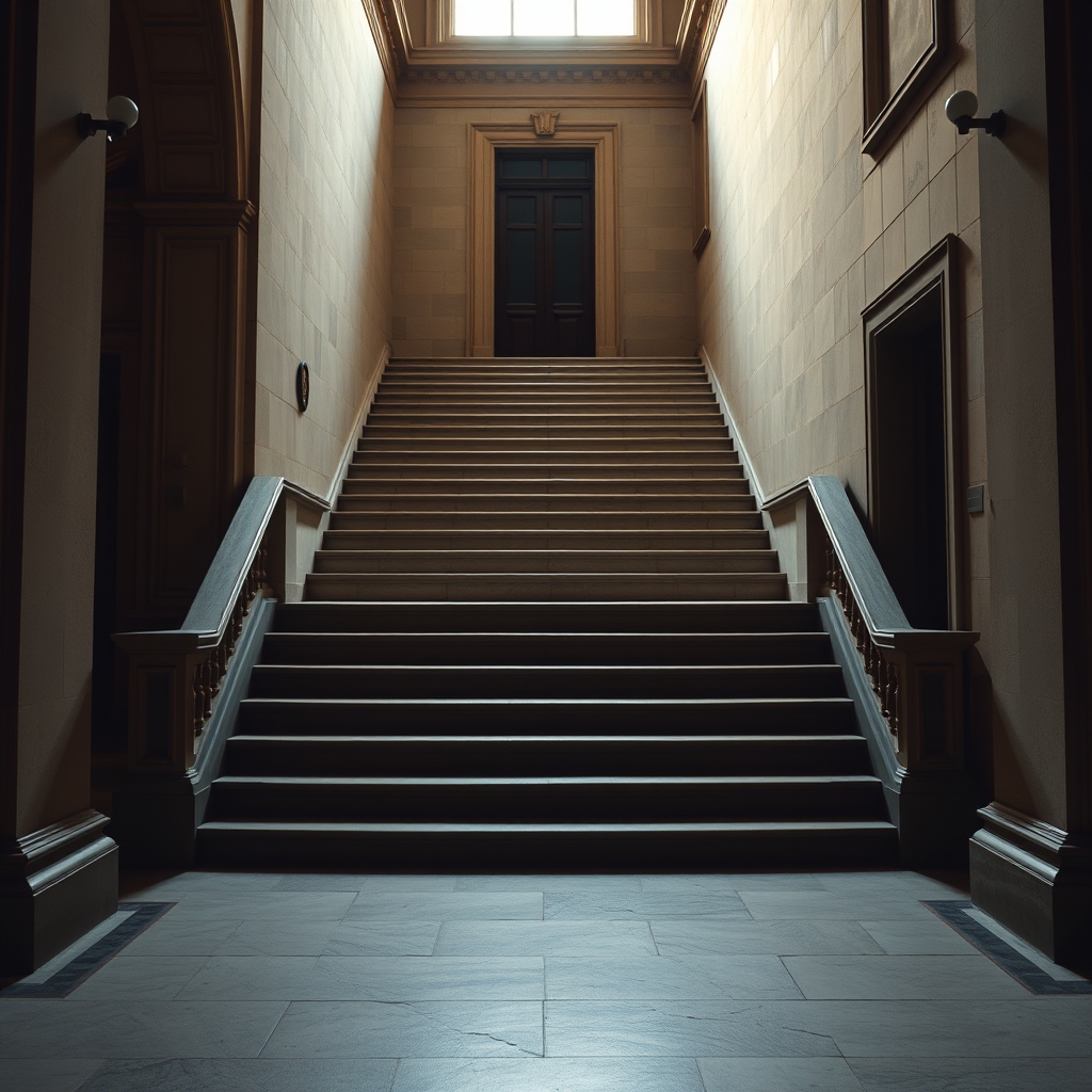 Illustration of a quiet stone staircase in a classic building at dawn
