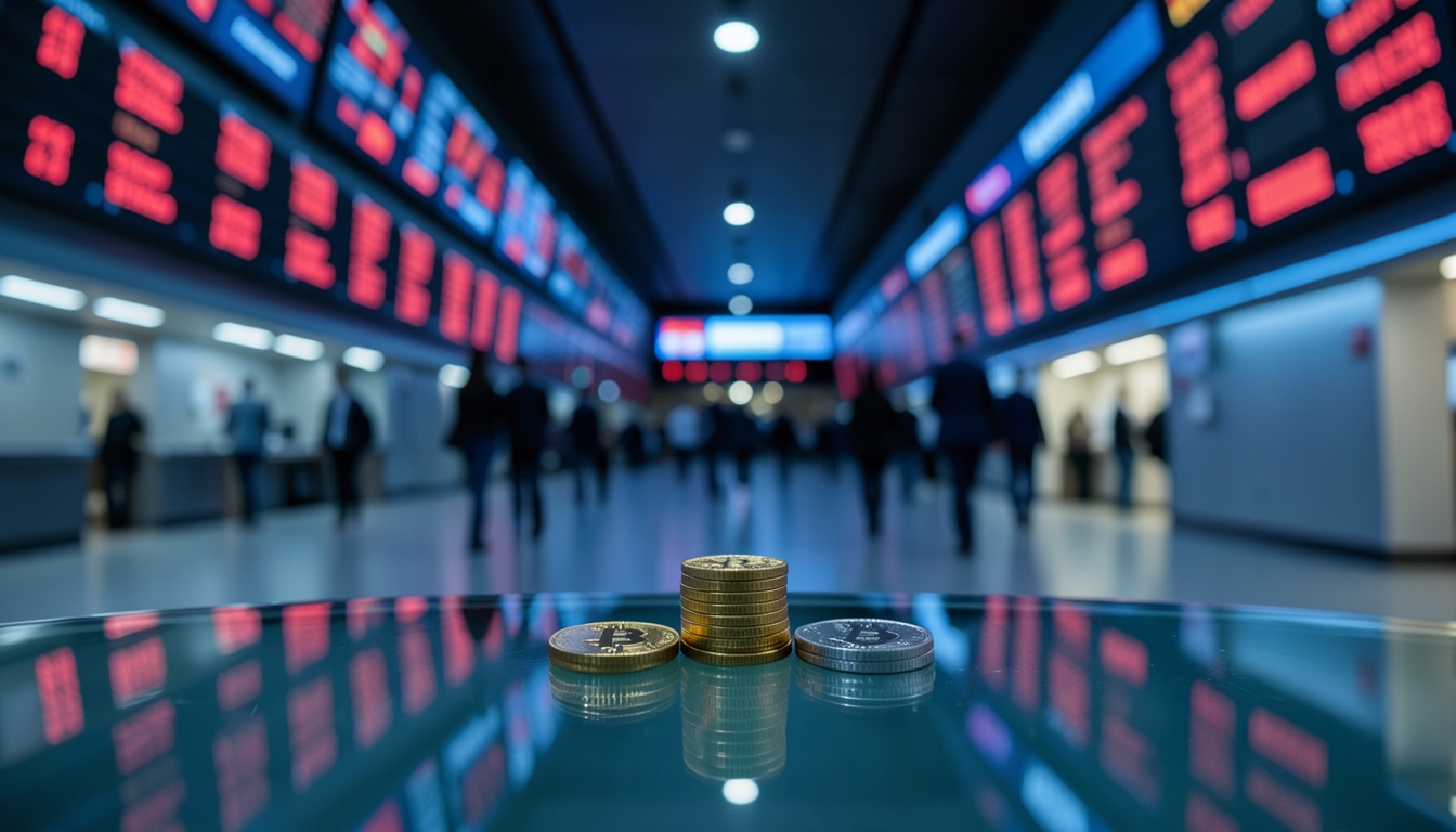 Illustration of bitcoin and silver coins on a glass table in an exchange hall with mostly red ticker boards