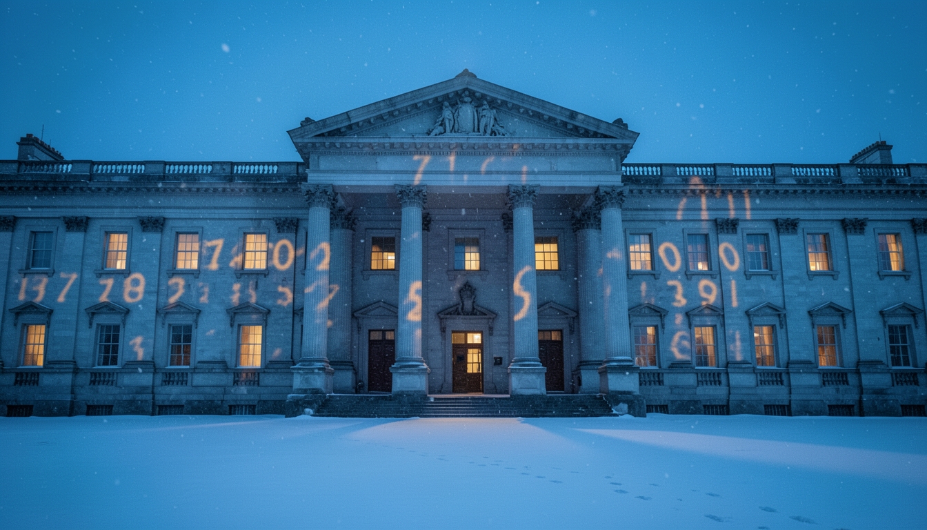 Illustration of a columned stone building at dusk in light snow with glowing figures on its facade