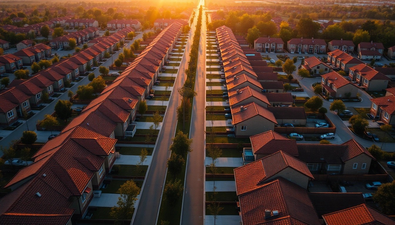 Illustration of an aerial view of rows of suburban houses with red-tiled roofs at sunset