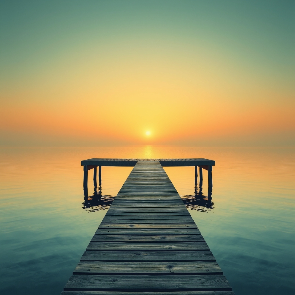 Illustration of a wooden pier on a still lake at sunrise