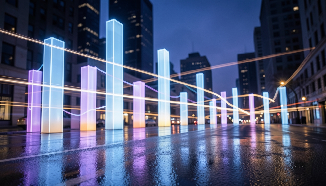 Illustration of glowing bar-chart columns rising from a dark city street with light trails between them