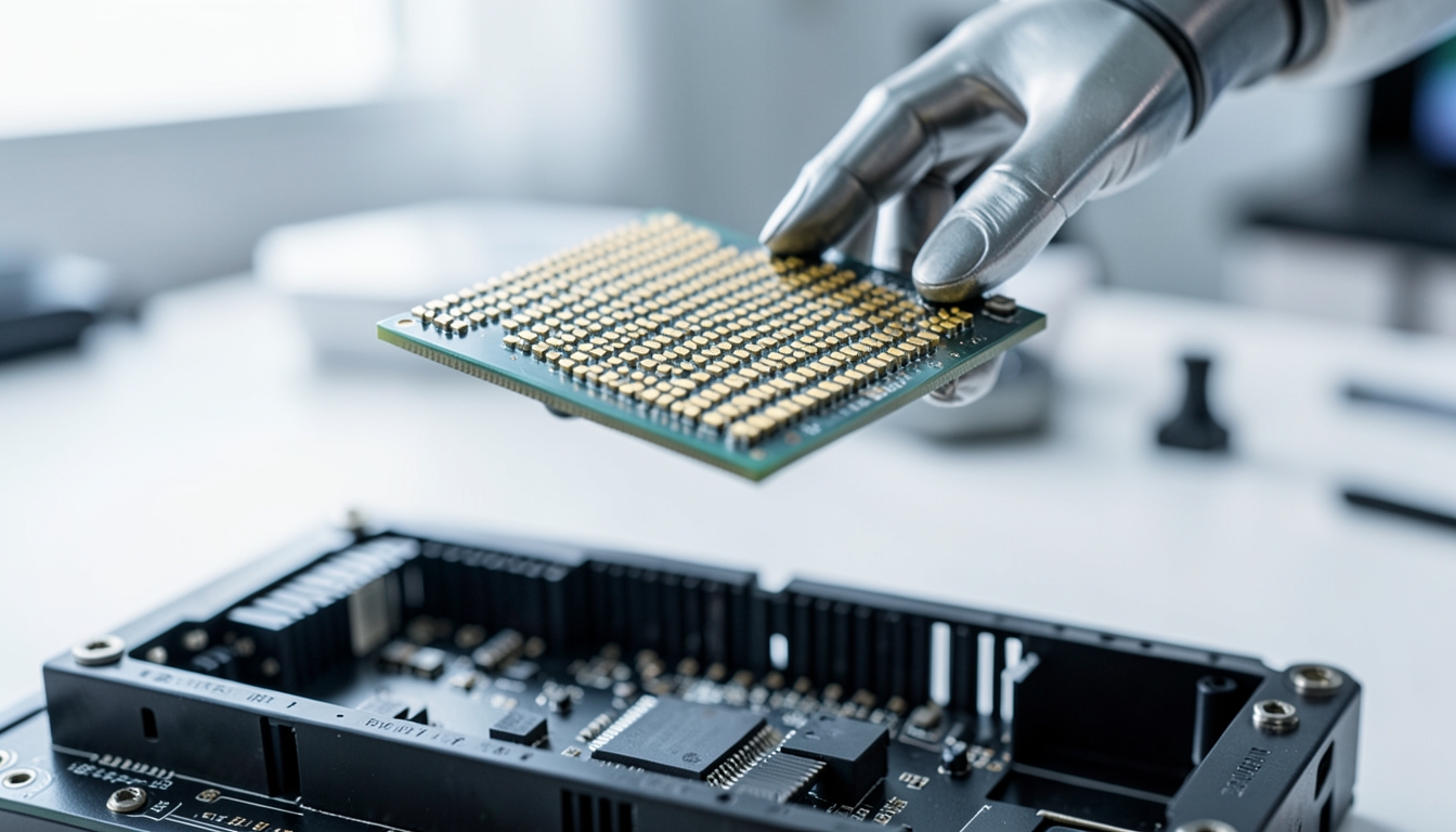 Illustration of a server processor held by a robotic gripper above a motherboard socket