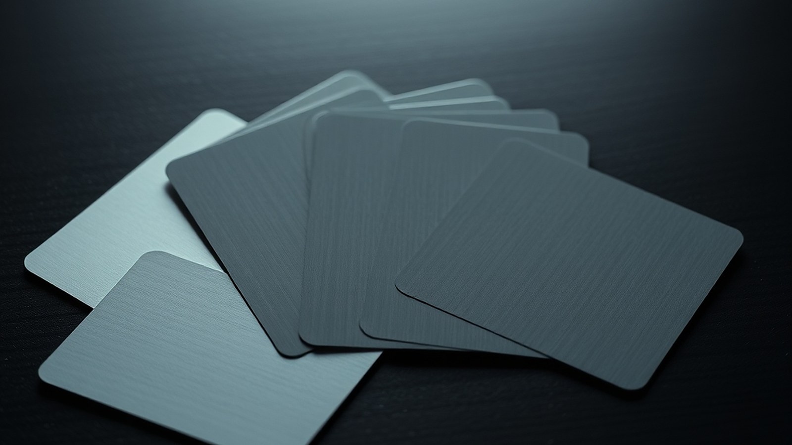 Illustration of blank metallic payment cards fanned out on a dark table