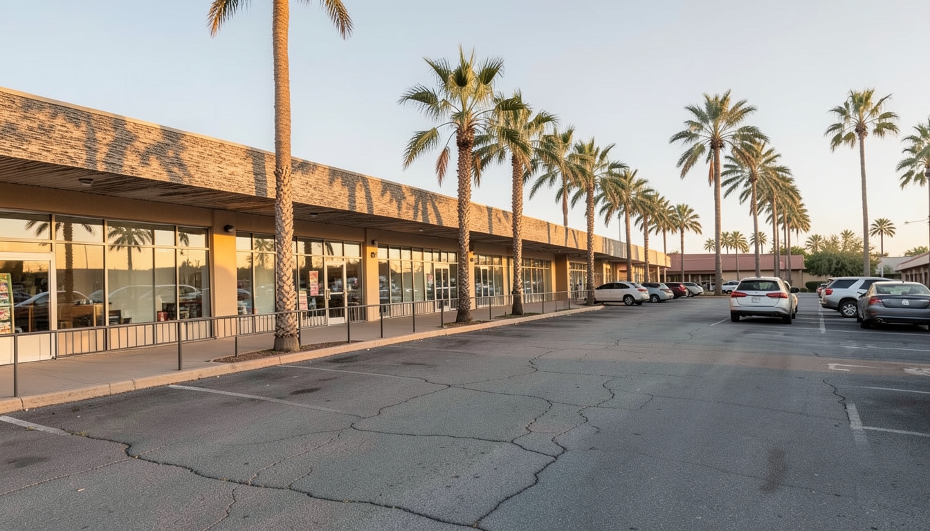 Illustration of an open-air shopping center with palm trees at golden hour