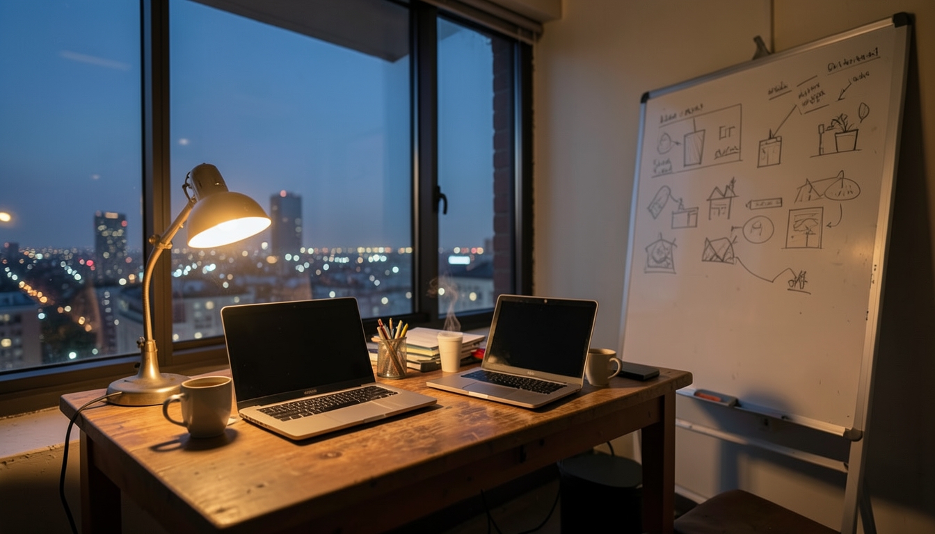 Illustration of a small startup workspace with two laptops and a whiteboard at night