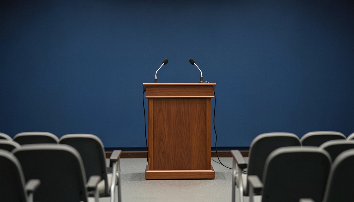 Illustration of an empty press-conference podium with microphones before a blank blue wall