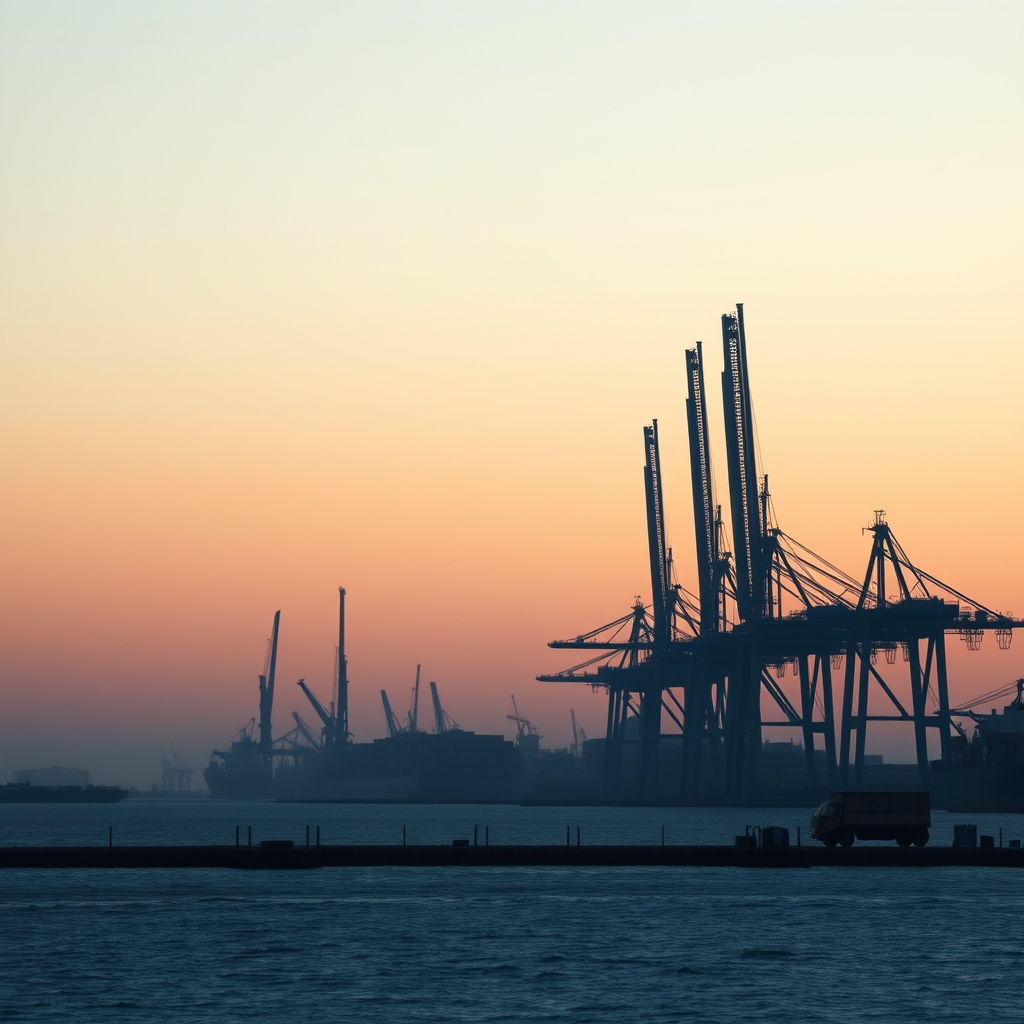 Illustration of cranes at a quiet harbor at dawn
