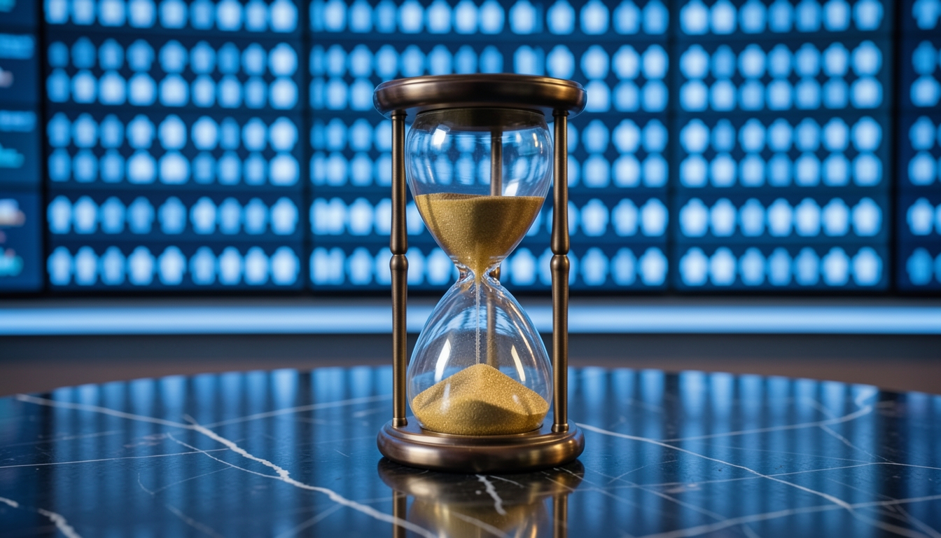 Illustration of an hourglass with gold sand in front of screens of market figures