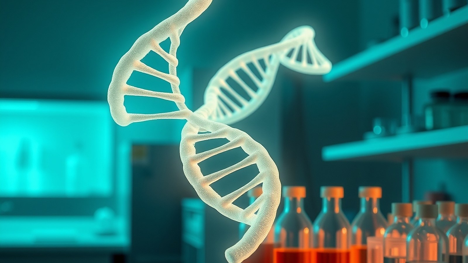 Illustration of a glowing RNA double helix above a laboratory bench with vials