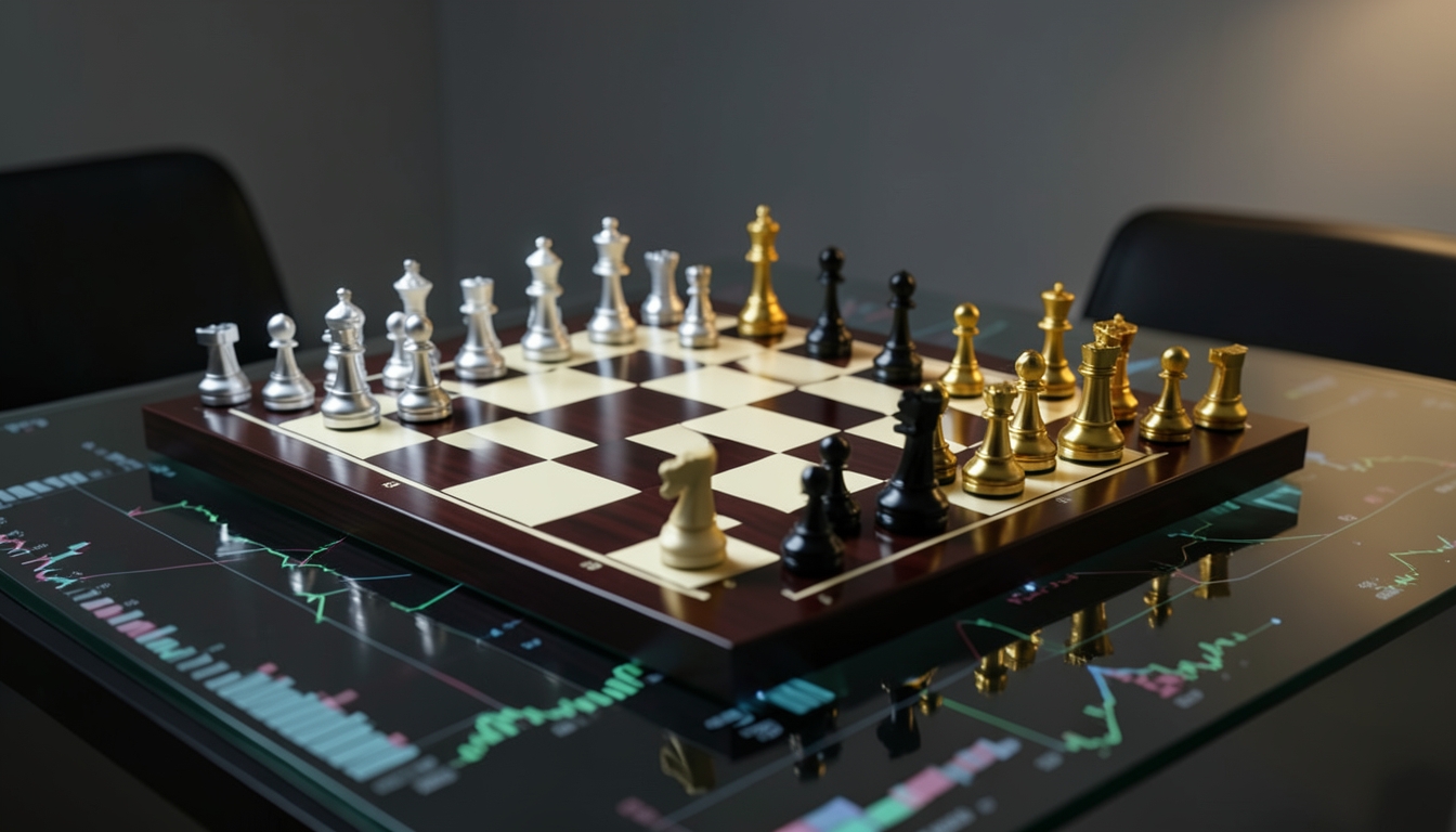 Illustration of a chessboard with gold and silver pieces mid-game on a dark glass table