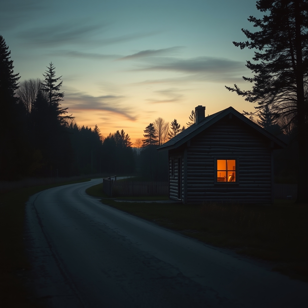 Illustration of a small house with a lit window at dusk