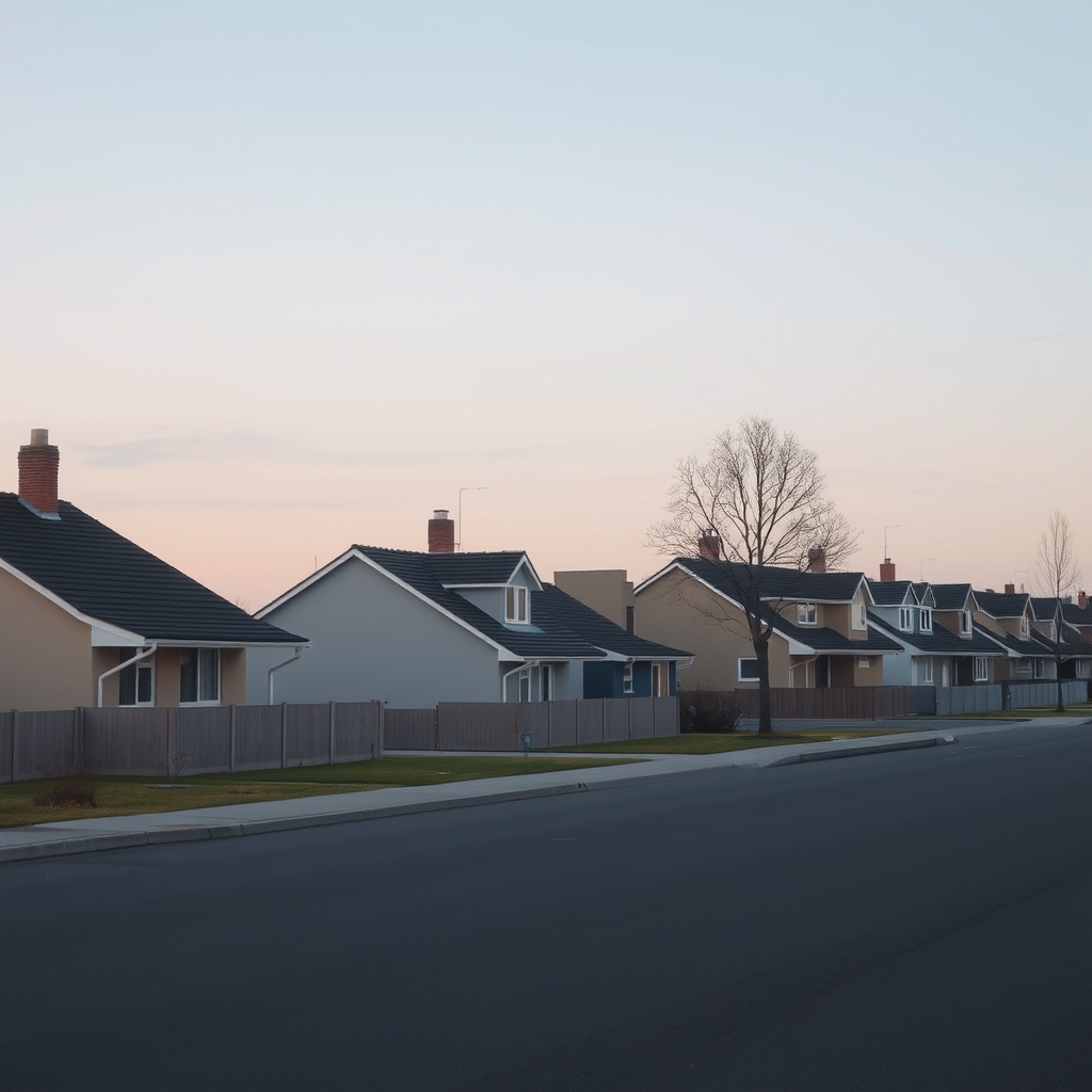Illustration of a row of suburban houses at evening