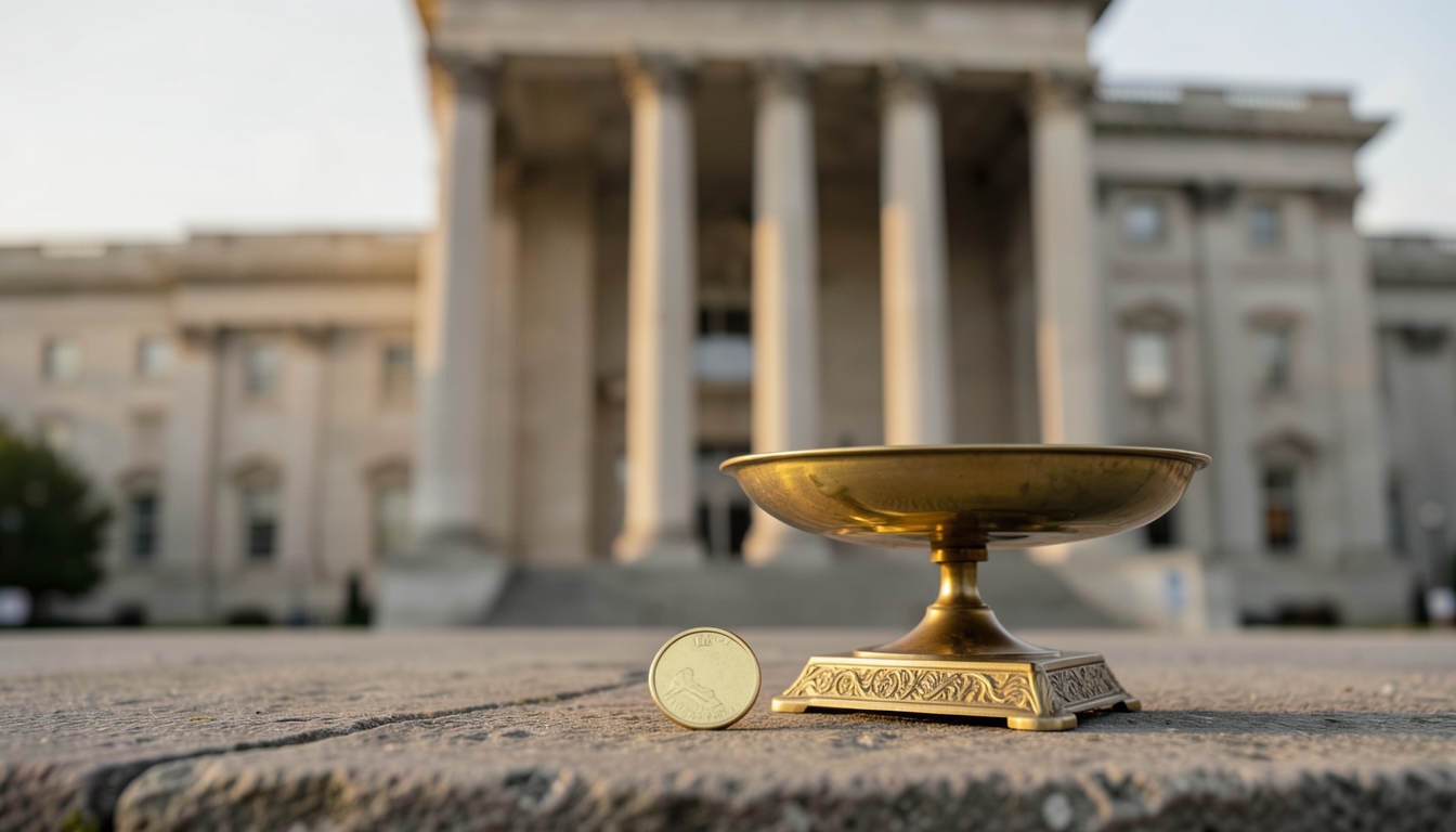 Illustration of a brass scale holding a gold coin in front of a columned stone building