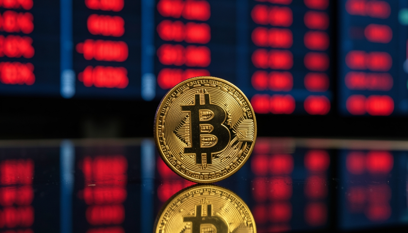 Illustration of a gold bitcoin coin in front of trading screens showing red price figures