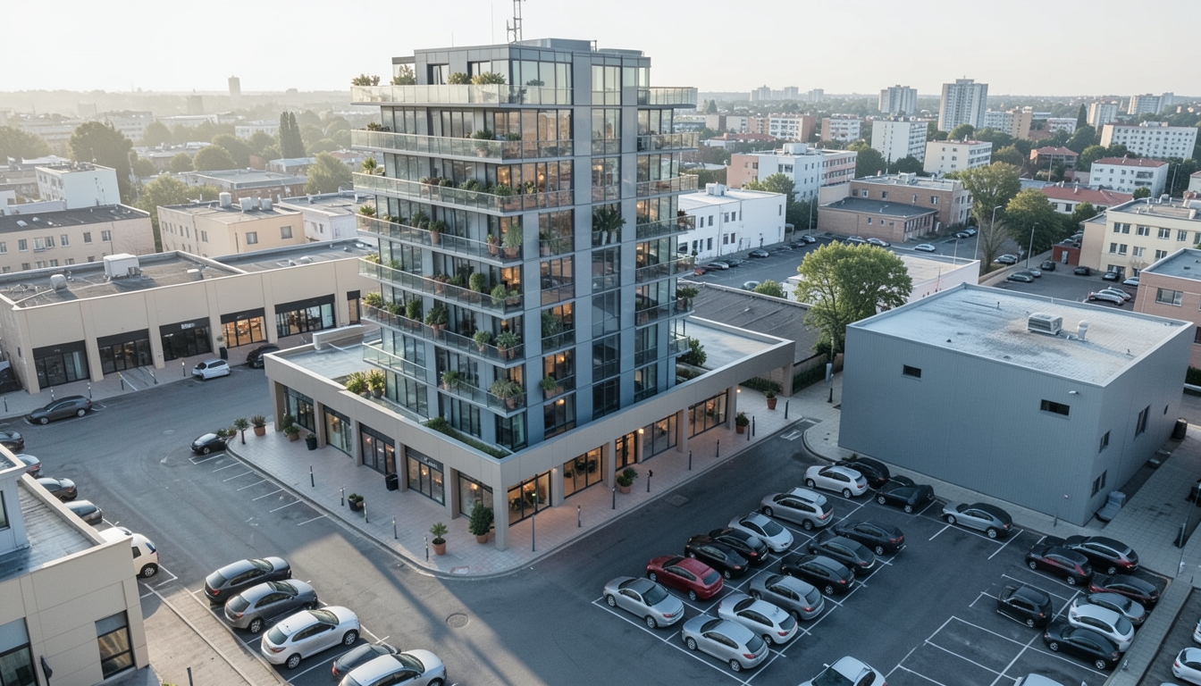 Illustration of an apartment tower, a shopping parade and a data center building on one city block at dawn